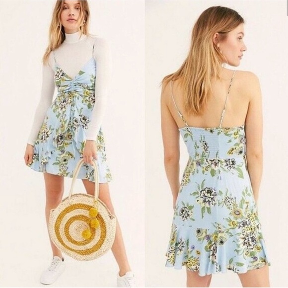 Free People Happy Heart Ruched Blue Floral Dress Large - Picture 1 of 12